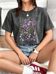 Purple Watercolor Floral Print Women's Summer Cotton Crop Top - S (Black)
