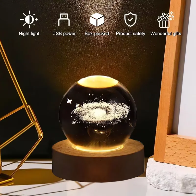 USB Night Light LED Crystal Ball 3D Moon Planet Galaxy Decor for Home Table Lamp Party Toys for Kids Adult Xmas Gifts, night light,led night light,moon light,moon lamp,led night lamp,moon projector light,led atmosphere lights