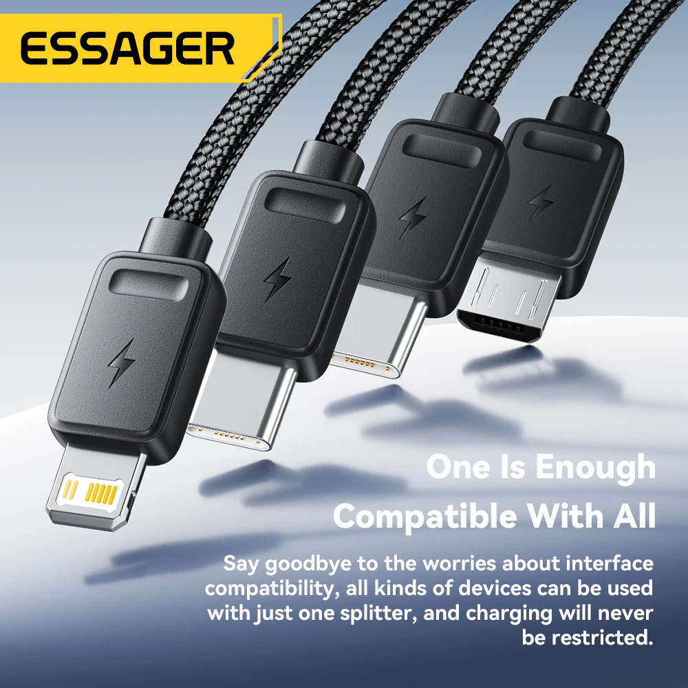 Essager Portable 4-in-1 Fast Charging Cable For Travel Type C Female To Multi USB Cable With 2 Type C, Micro, Lightning Adapters