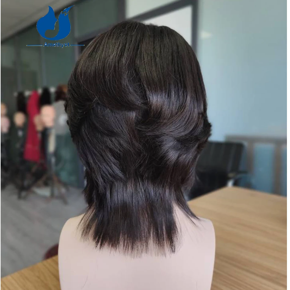 Amethyst Pre Styled Men's Mullet Wig Wolf Cut Natural Wave Layers Middle Part Remy Human Hair Short Cut Pre Plucked for Boys