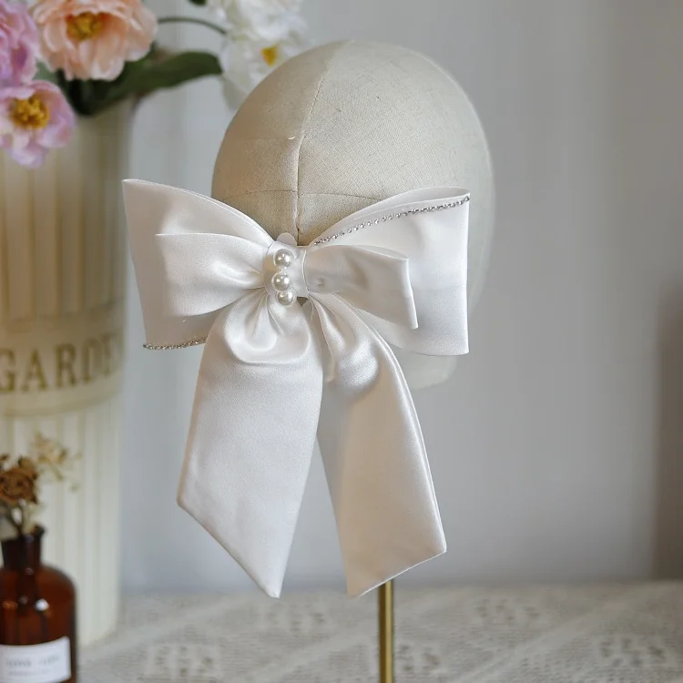 Bridal White Satin Bow Barrettes Wedding  Side Clip  Headdress Elegant  hair accessories for women