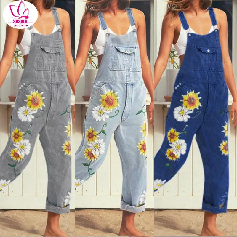 

Lady Women Girl Washed Denim bodysuit Ladies Casual Jeans Flower Print Rompers Womens Jumpsuit Overalls #4 Denim Jumpsuits