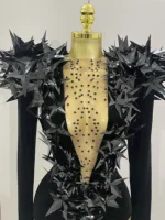 2025 New Shiny Black Rhinestone Velvet Long Sleeve Bodysuit Women Evening Party Club Gala Hosts NightClub Bar Stage Costumes - Image 5