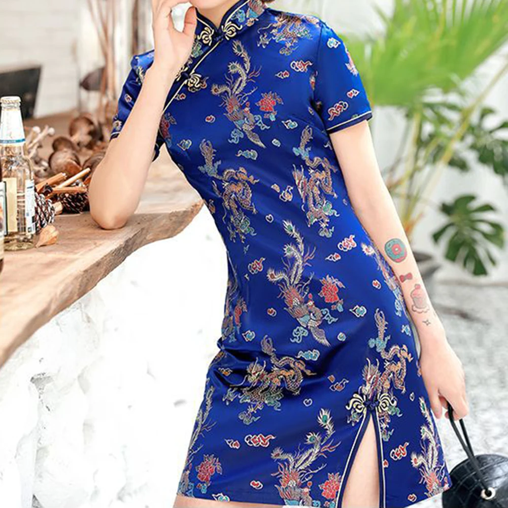 

Satin Dress Formal Gowns Women Short Slim Cheongsam Sexy High Split Chinese Traditional Dress Flower Qipao Vestidos Peacock