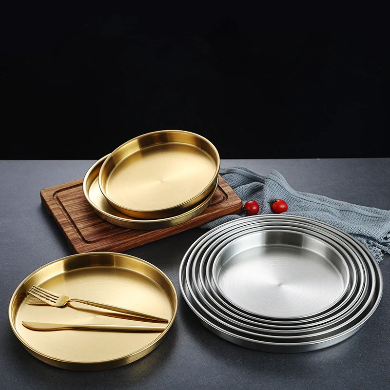 Stainless Steel Round Storage Tray Thick Silver Golden Food Plate Cake Coffee Fruit Dishes Western Kitchen Tools 2