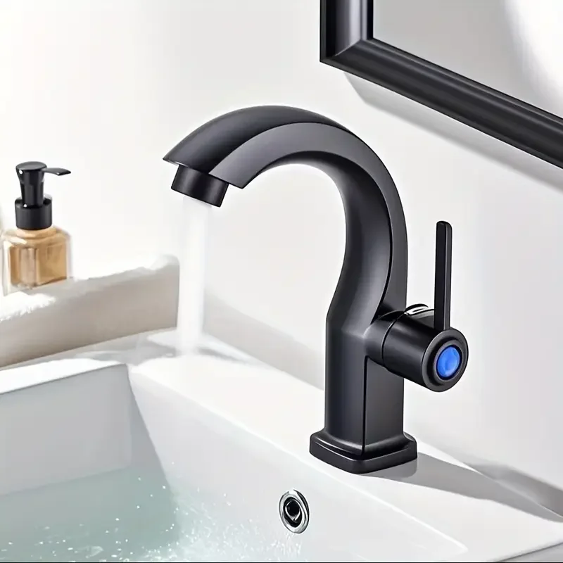 Modern single hole bathroom sink faucet with side spray matte black valve, ergonomic curved nozzle, easy to install