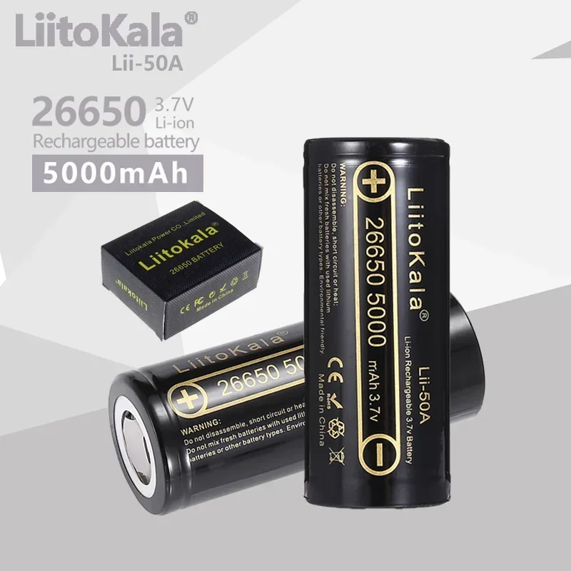 Liitokala Lii-50A 26650 5000Mah Batteria Al Litio 3.7V 5000Mah 26650-50A Batteria Ricaricabile Adatta Per Flashligh