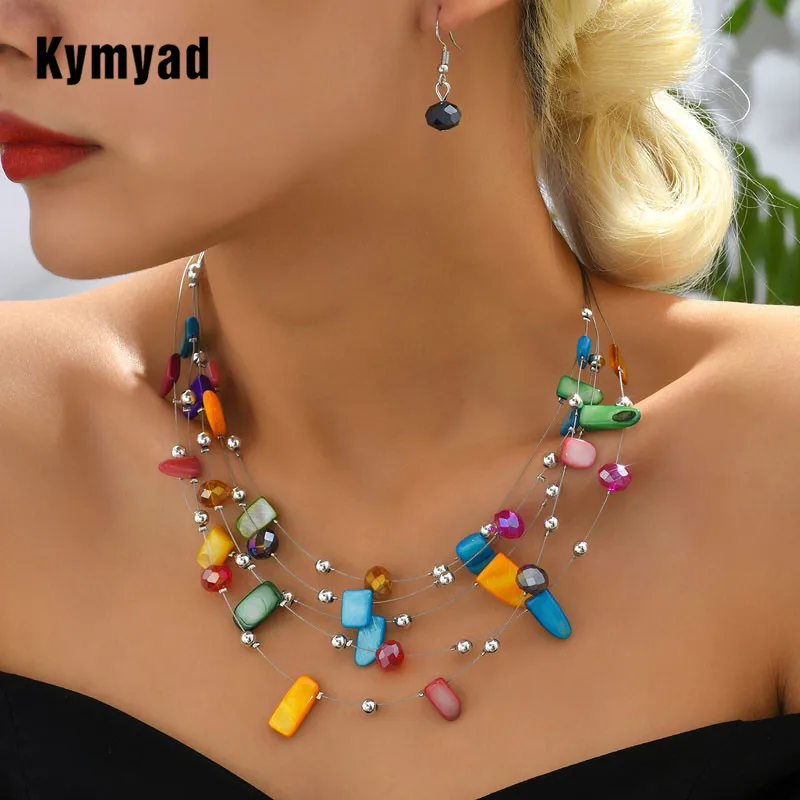 Jewelry Sets Kymyad Crystal Necklace Earrings For Women Colorful Shell Jewelry Sets Multilayer Choker Necklace Women Jewelry Set Accessory