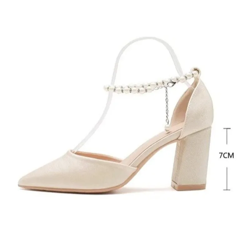 Elegant Chunky Heel Pointed Toe Hollow Pearls Buckle Satin Apricot All-match High Heel Shoes Women Party Weeding Pumps