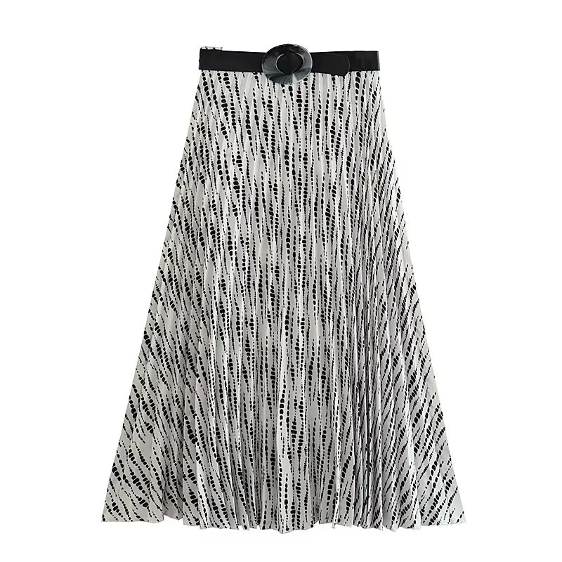 

High waist slimming pleated printed skirt summer new fashion one hundred with belt but skirt