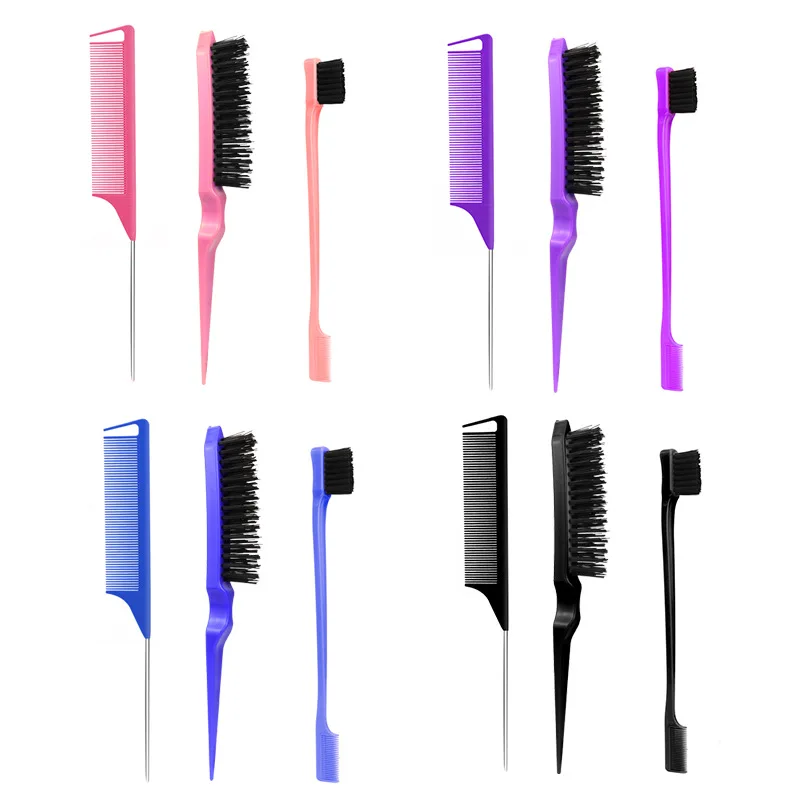 3PCS Hair Brush Set,Hair Styling Comb Including Dual Sided Edge Brush & Rat Tail Comb and Teasing Comb for Women Girl Barber 2