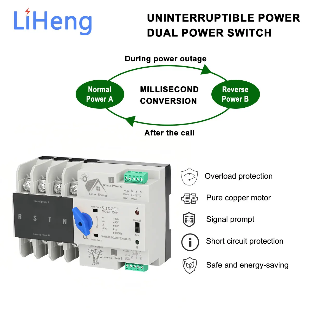 

Photovoltaic solar dual power automatic transfer switch two-way power switching without power supply 4P100A ATS DIN rail