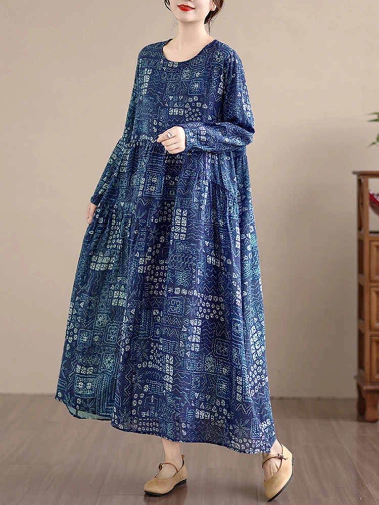 2025 Spring Autumn Cotton Long Sleeve Print Vintage Dresses Women Casual Loose Long Dress Office Lady Vestidos Elegant Clothing