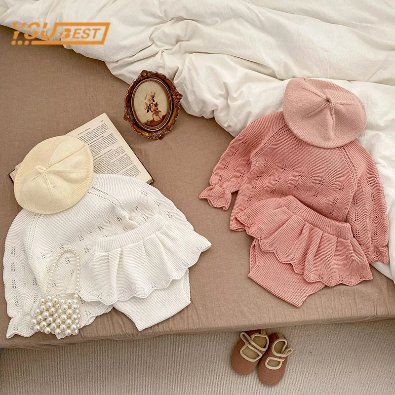 

Infant Kids Baby Girls Long Sleeve Solid Color Knit Sweaters + Shorts 2Pcs Clothing Sets Kids Baby Children's Clothes Suit