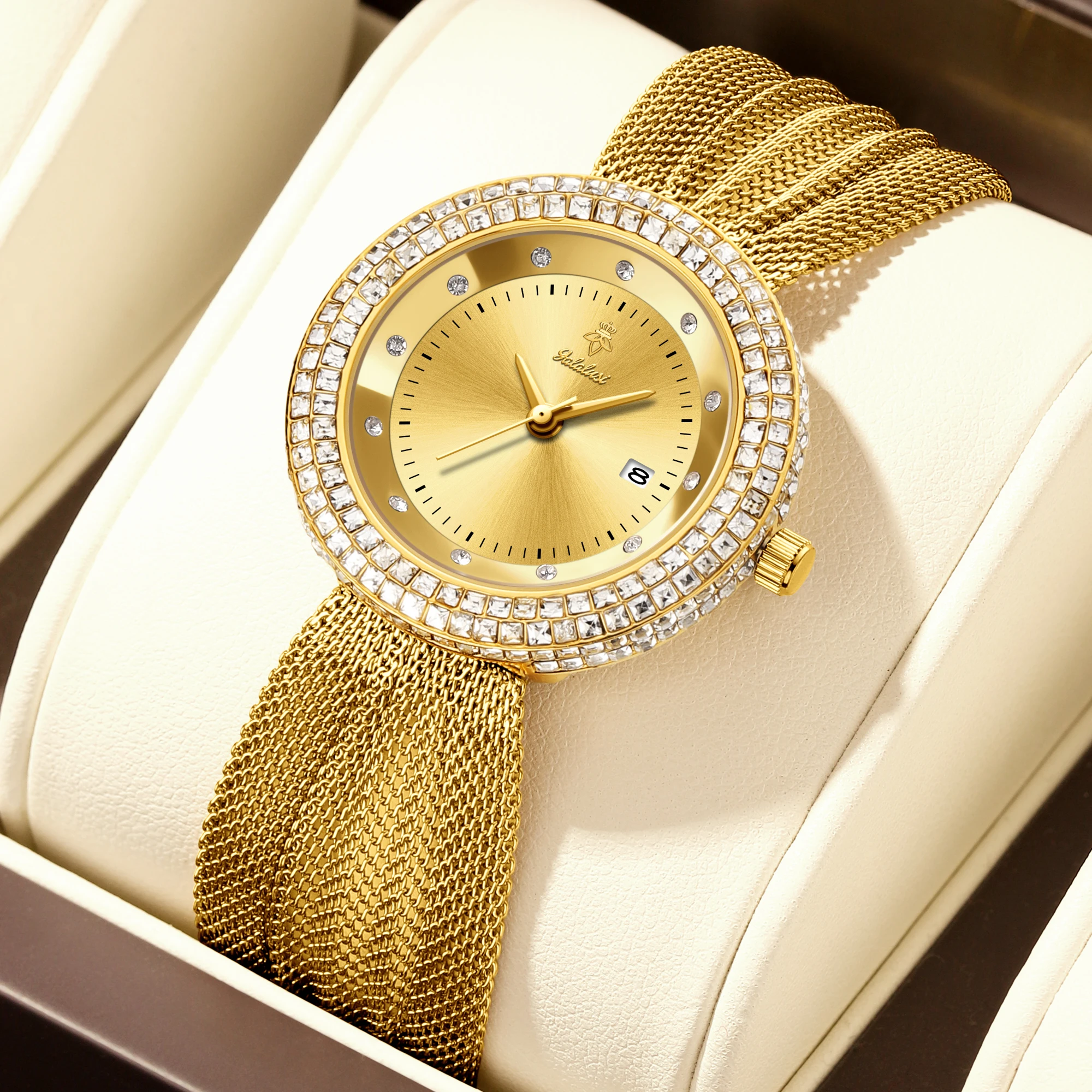 Shiny Rhinestone Women's Quartz Watch Luxury Gold Stainless Steel Mesh Wristband Elegant Ladies Gifts Holiday Gifts_voghion.com