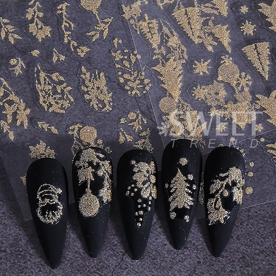5pcs Glitter Christmas Nail Stickers Gold Silver Elk Snowflake Xmas Tree Self-adhesive Nail Decal DIY Manicure Decoration Slider