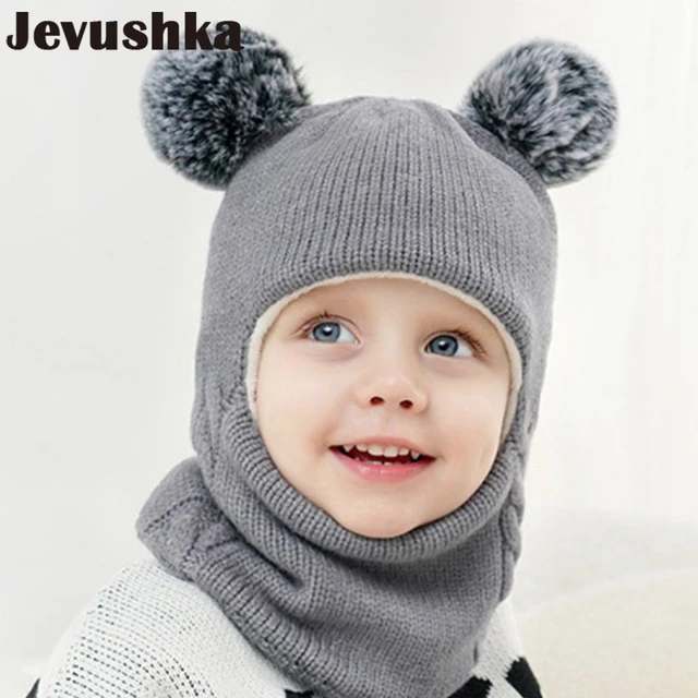 Bonnet en tricot à pompons pour enfants, cagoule pour enfants, chapeaux  pour bébé, écharpe Snood avec doublure sourire, casquettes pour garçons,  hiver - AliExpress