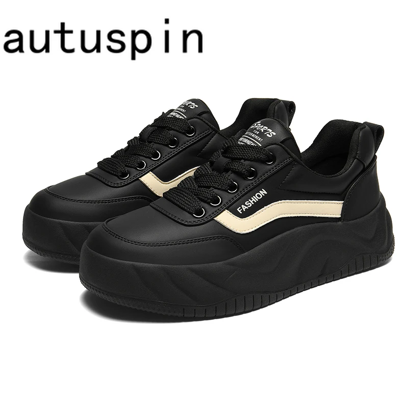 

AUTUSPIN PU Leather Women Flat Sneakers Fashion Round Toe Leisure Skate Board Shoes Student Cross-tied Casual Sports Sneaker