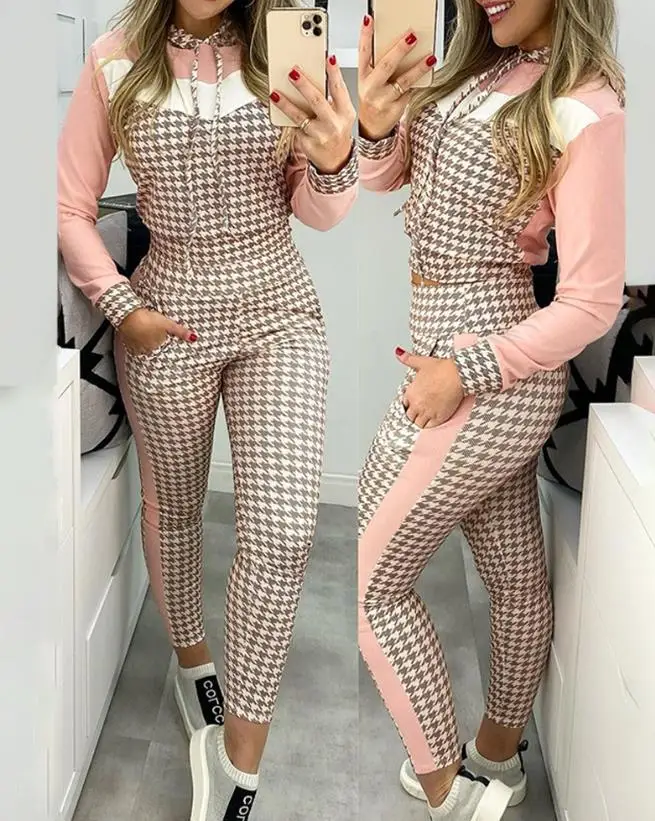 Houndstock Printed Color Blocking Top and Pocket Design Pants Set 2023 New Hot Selling Women's Fashion new 2023 hot selling color blocking heart shaped contrasting sequins casual dresses in stock for women