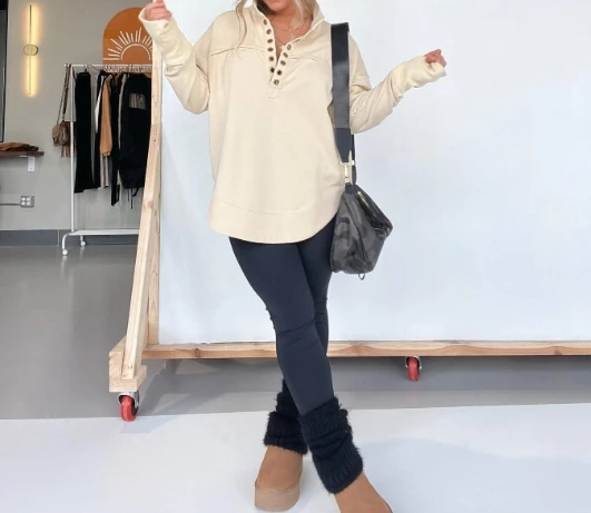 Women's Commuting Style Hoodies Long Sleeved Thickened Top 2024 Early Spring Latest Solid Color Standing Color Buttons Pullover