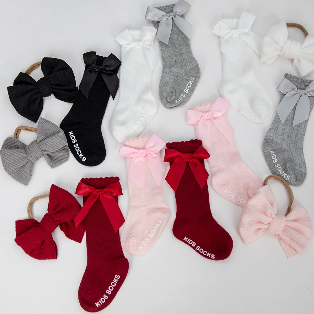 3-Piece Baby Cotton Knee Socks and Hair Bow Headband Set