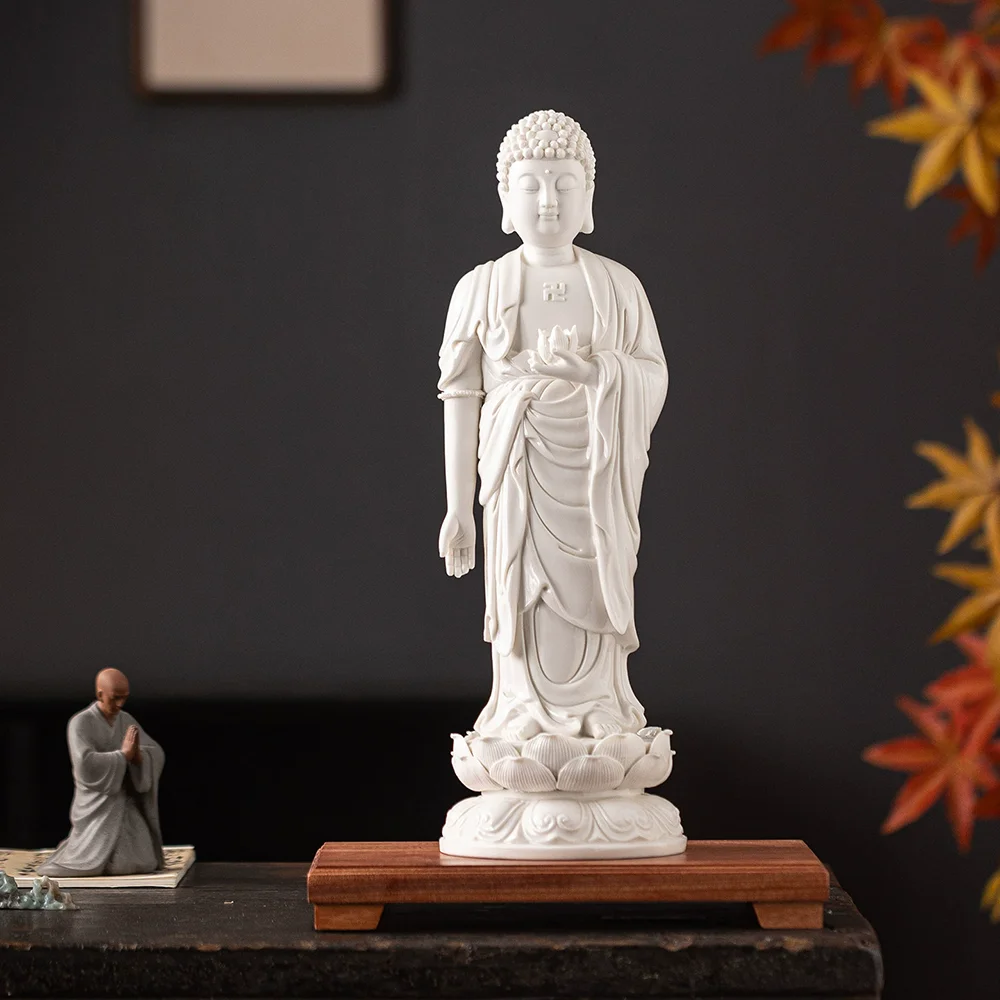 White Porcelain Amitabha Buddha Statue, Standing on Lotus Sculpture for Home Altar, Yoga Buddhist Figurine, Serenity & Protectio