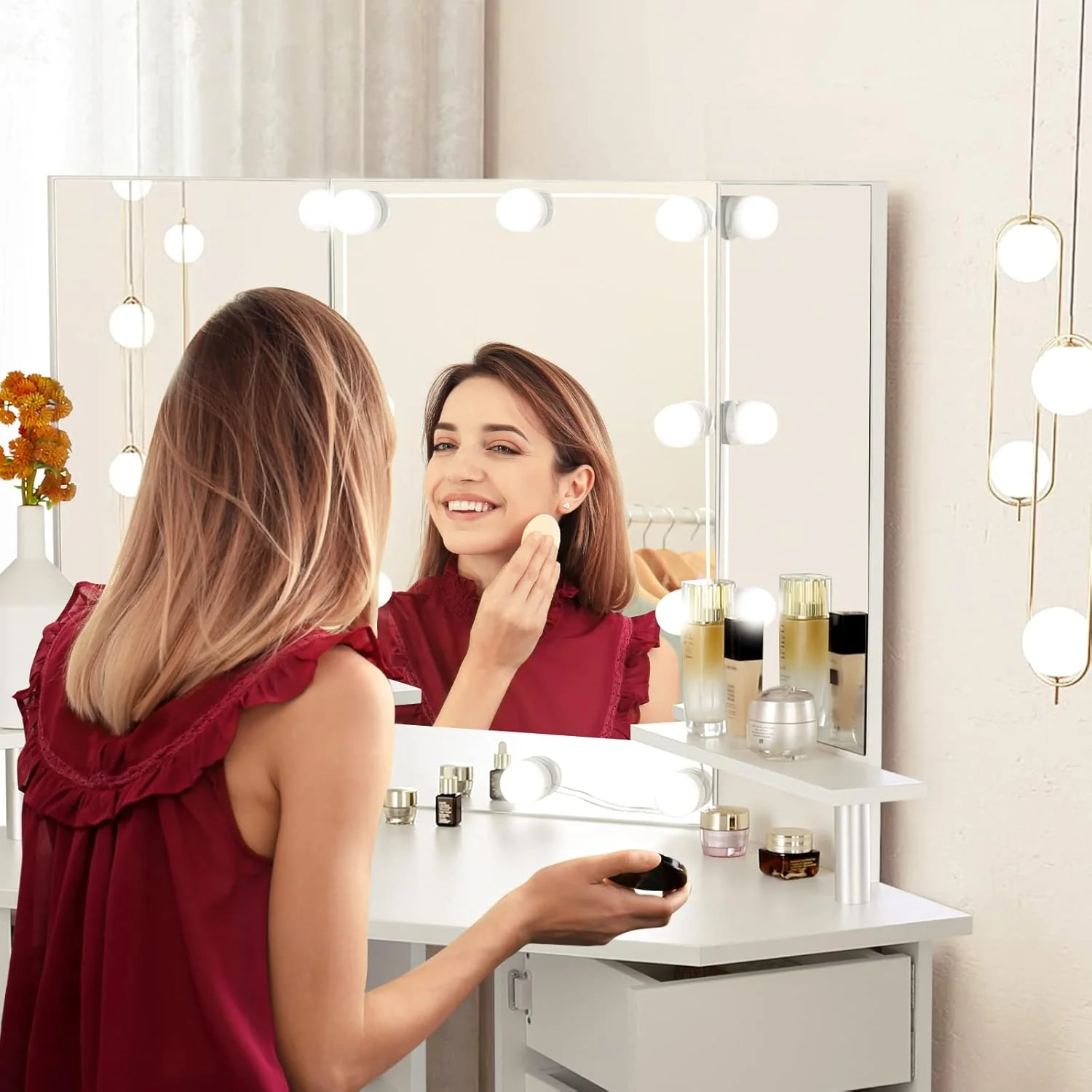 Vanity with Lights - Makeup Vanity Desk with Power Outlet, 3 Color Lighting Options Brightness Adjustable, 5 Rotating Drawers