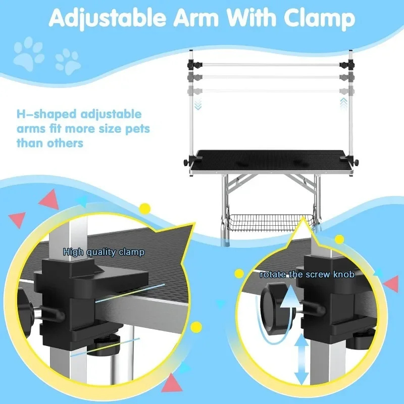 46''Large Dog Grooming Table, Adjustable Cat Drying Desktop with Arms, Nooses, Mesh Tray, Foldable Pet Station at Home 4