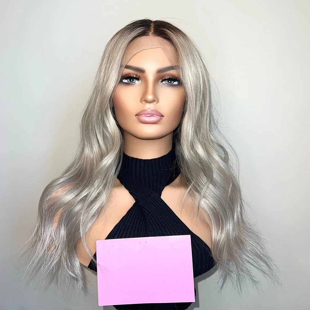 Balayage White Silver Blonde Full Lace Wigs Dark Brown Roots Glueless Ombre Human Hair Wigs 180% Loose Wave Lace Front Wig HD