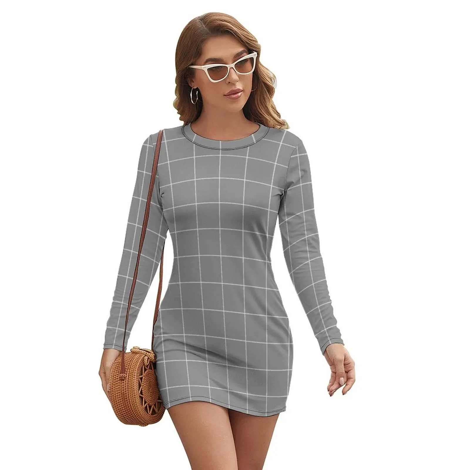 

Windowpane Check Grid (white/gray) Long-sleeved Dress Women long dress dresses for special events summer dress for woman