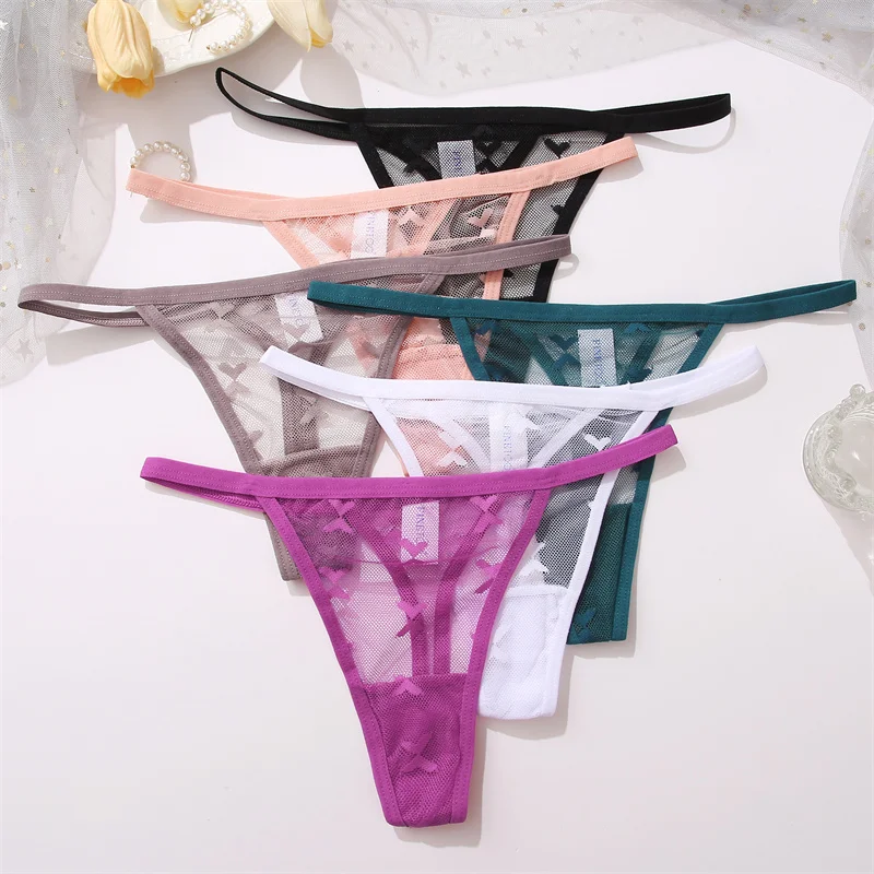 4PCS/Set Sexy Lace Thong Women Low Waist Panties Transparent G String Thongs T-Back Underwear Female  Solid Intimates Lingerie