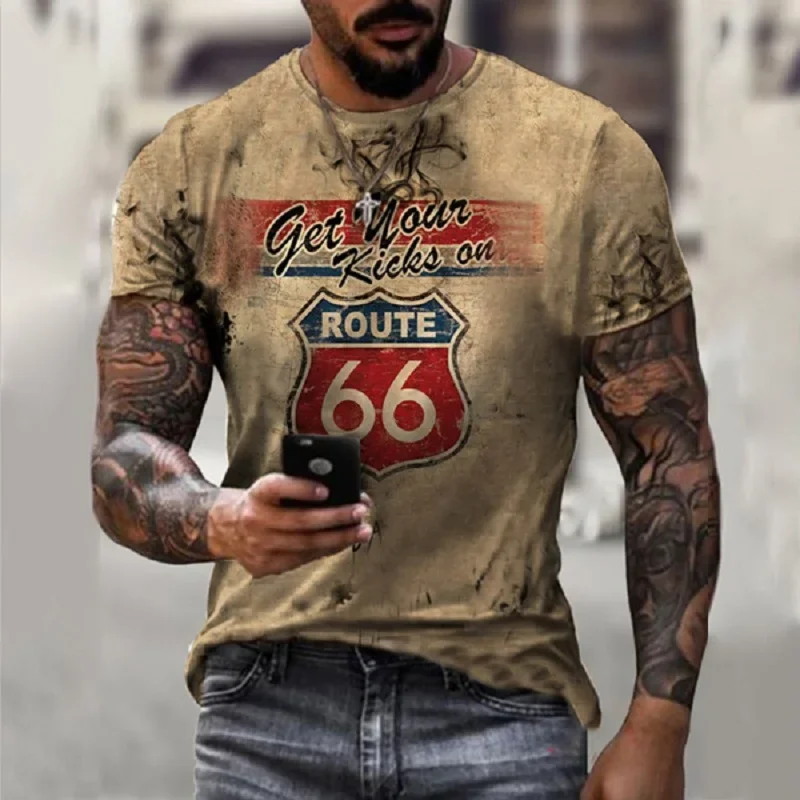

Summer Men T Shirts Vintage Short Sleeve America Route 66 Letter 3D Printed Fashion O Neck T Shirts Oversized Tops Man Clothes