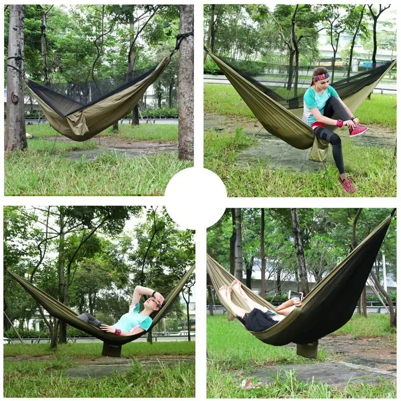 Camping Hammock Outdoor Hammock Swing Hammock Swing Chair Double Camping Hammock with Mosquito Net Portable Parachute 6 Ring Strap Travel Swing Chair