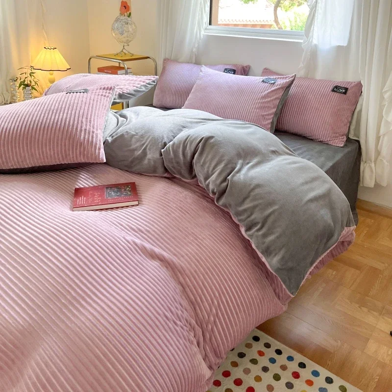 

Однотонная теплая Простыня из кораллового бархата 120/150/180 см, пододеяльник, наволочка, комплект зимнего постельного белья из четырех предметов