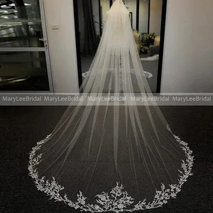 Ivory Long Bridal Veil with Floral Appliques Lace Edge 1 Tier Soft Tulle Wedding Veils with Comb One Layer Cathedral Bride Veil