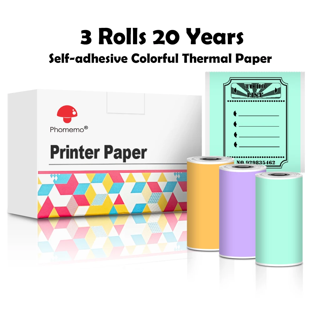 T02 Thermal Mini Sticker Printer Paper, White Self-Adhesive Paper, Black on White Paper for Journal, Photo, to Do List, 50mm x 3.5M, 3 Rolls, Keep