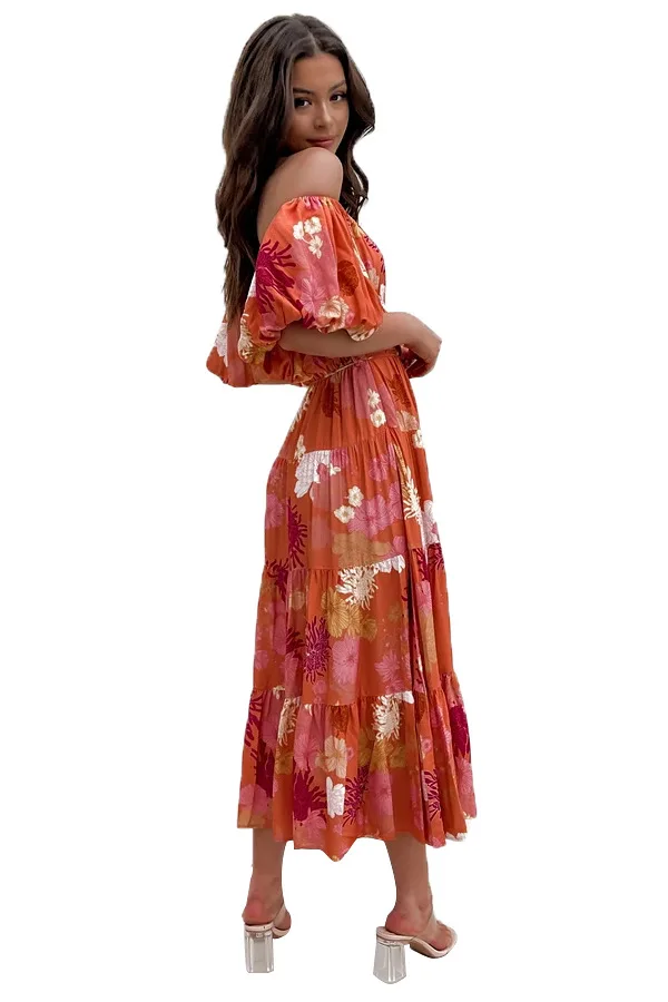 Women Summer Pleated Beach Dresses Sexy Off Shoulder Dress Floral Print Casual Loose Maxi Dresses Party Dress Vestido Feminino