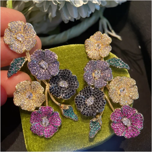 

S925 silver needle flowery colorful zircon flower earrings female temperament exaggerated earrings