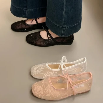 2026 Women Spring Summer Ballet Flat Shoes Breathable Mesh Embroidery Fashion Flats Lovely Bow Knot Female Daily Walking Sandals 1
