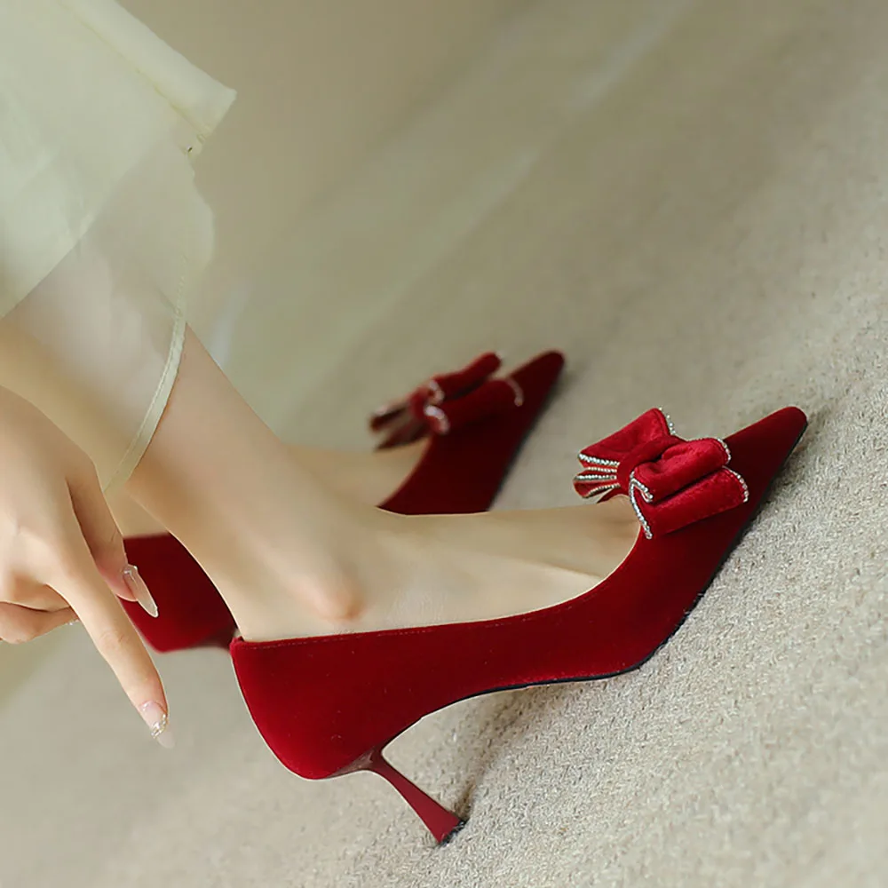 Pointed Toe Butterfly-knot Wedding Pumps Thin Heels Beautiful Women's Shoes High Heels Sexy Comfortable Shoes Casual Lady Pumps 6