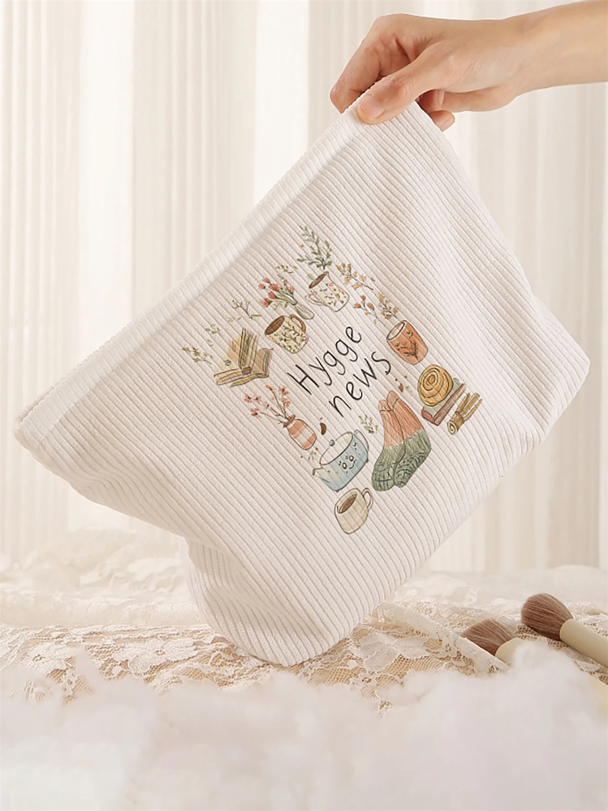 1pc cartoon pattern printed corduroy makeup bag, lightweight zipper makeup storage box, multifunctional bag with lining