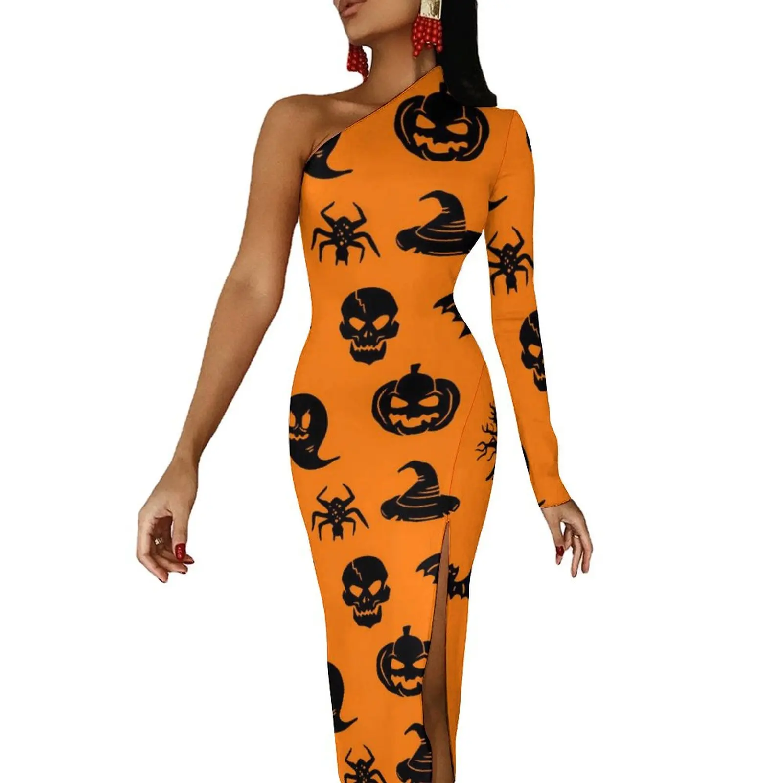 

Happy Haunts Long Dress Female Halloween Street Wear Maxi Dress Autumn Night Club Bodycon Dresses High Slit Graphic Vestido