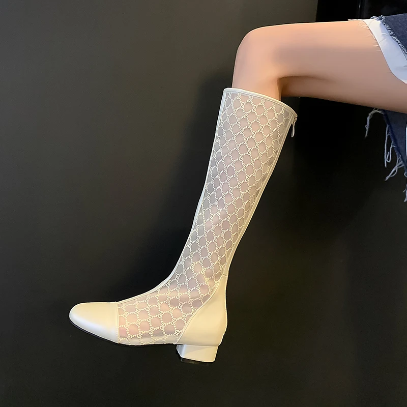 Plus Size Woven Geometric Pattern Breathable Mesh Knee Boots With Low Heel Side Zipper Summer Sexy Long Sleeved Women's Boots