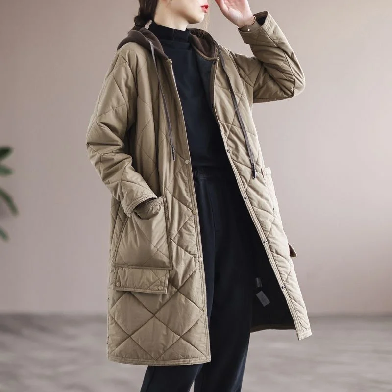 Cotton Jacket Long 2026 New Cotton Jacket Medium Long Loose mom Winter Diamond Grid Cotton Jacket Hooded Women's Coat Commuting