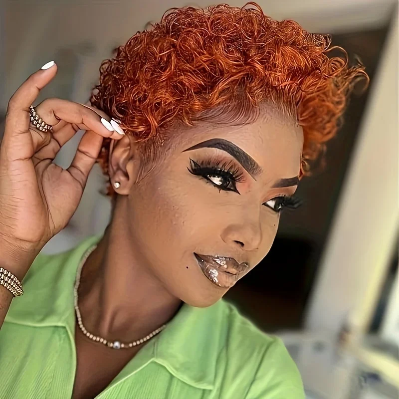 150% density short curly pixie cut remy hair wig 99j/black/1b27/350 color daily use wig for women 13&times;1 lace human hair