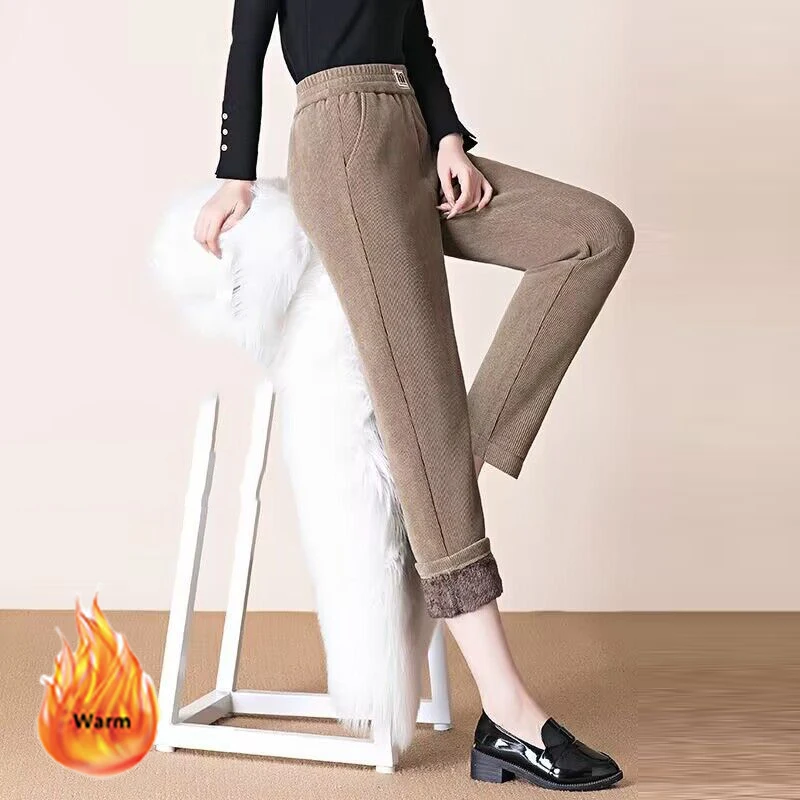 

Winter Thick Corduroy Harem Pants Women Casual Plus Velvet High Waist Baggy Ttrousers Oversized Letter Print Straight Pantalones