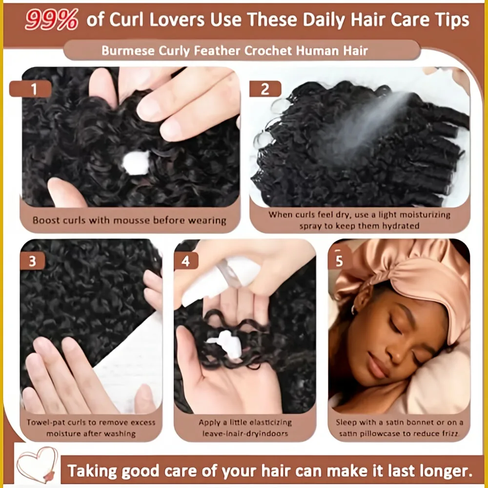 Capelli umani ricci birmani per crochet, senza nodi, pre-separati, leggeri, riutilizzabili, extension di capelli Remy 12A - immagine 5