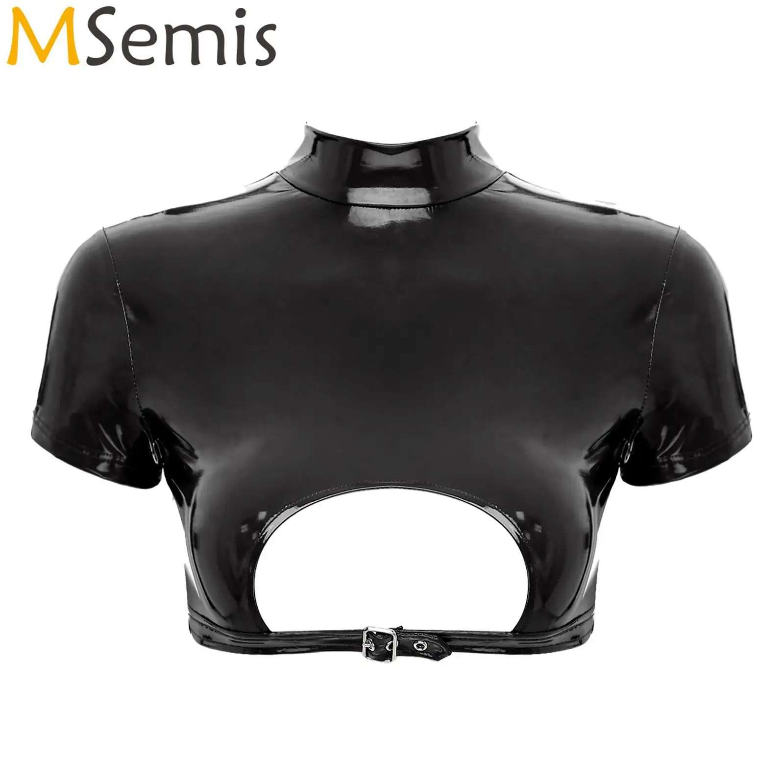 

Womens Patent Leather Skinny Crop Top with Mock Neck Punk Gothic Clubwear for Pole Dancing Lingerie Buckle Zipper Disco Tops