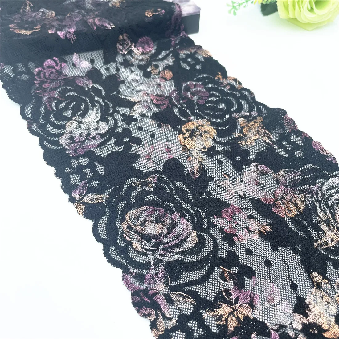 3y/lot Width 18cm Black Rosegold Shimmer Elastic Stretch Lace 5