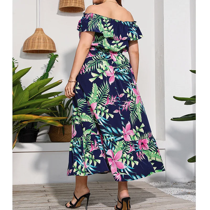 One Word Collar Multi-element Printed Patchwork Short Sleeve Summer Elegant Ruffles Mid Waist Pullover Plus Size Irregular Dress